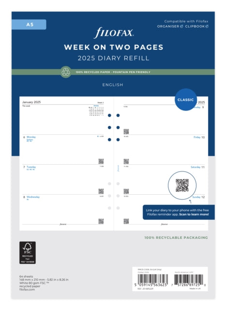 A5 Week on two pages English recycled paper 2025