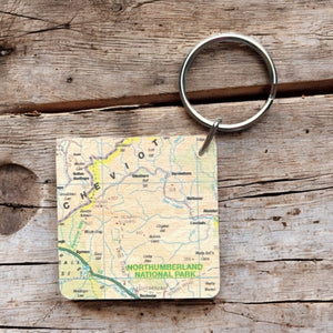 OS Map Wooden Square Key-ring - Northumberland National Park