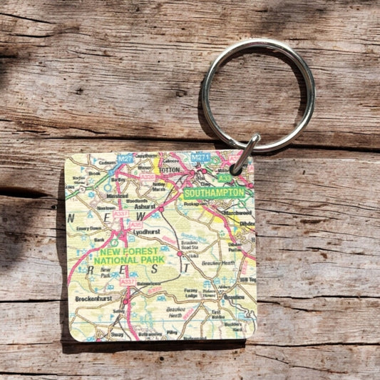 Book cover of: OS Map Wooden Square Key-ring - New Forest National Park