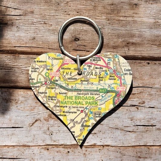 Book cover of: OS Map Wooden Heart Key-ring - The Broads