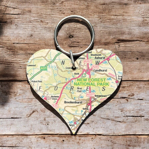 OS Map Wooden Heart Key-ring - New Forest National Park