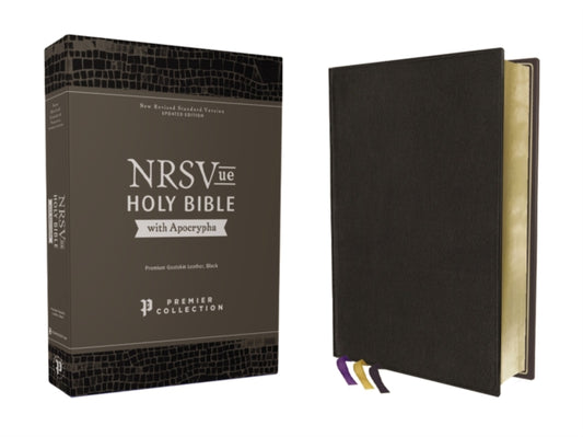 Book cover of: NRSVue, Holy Bible with Apocrypha, Premium Goatskin Leather, Black, Premier Collection, Art Gilded Edges, Comfort Print. By: Zondervan Publishing Company