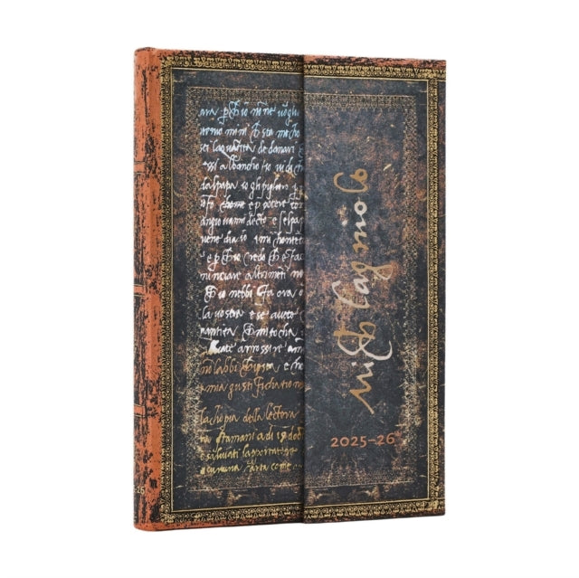 Book cover of: 2026 Michelangelo Handwriting (Embellished Manuscripts Collection) Mini 18-month Horizontal Hardcover Flexi Dayplanner 2025-2026 (Wrap Closure). By: Paperblanks
