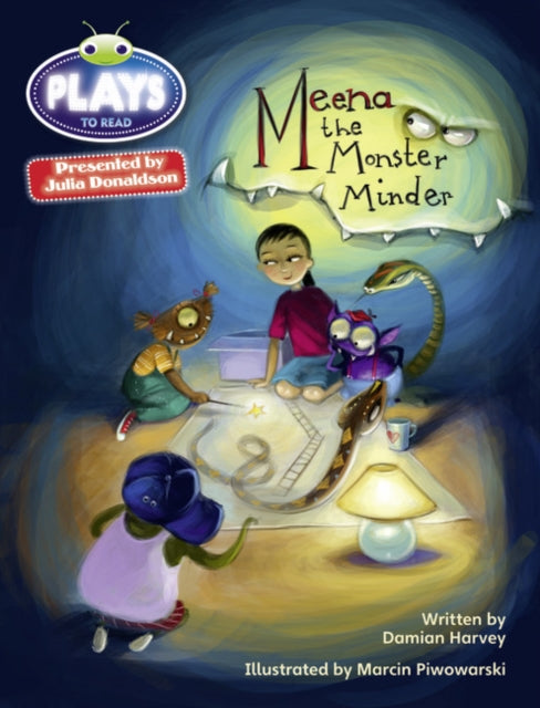 Book cover of: Bug Club Julia Donaldson Plays Grey/3A-4C Meena the Monster Minder. By: Damian Harvey