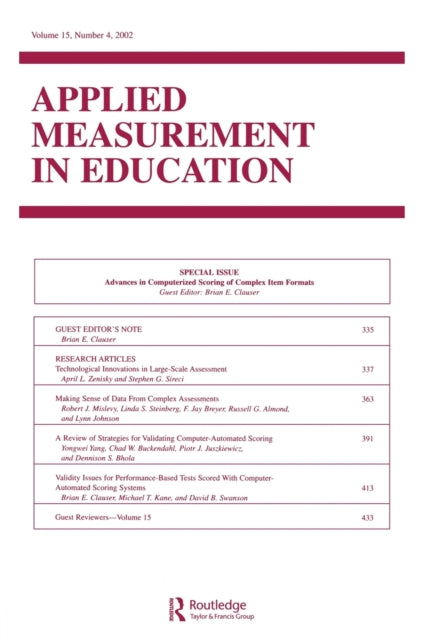 Book cover of: Advances in Computerized Scoring of Complex Item Formats. By: Brian E. Clauser