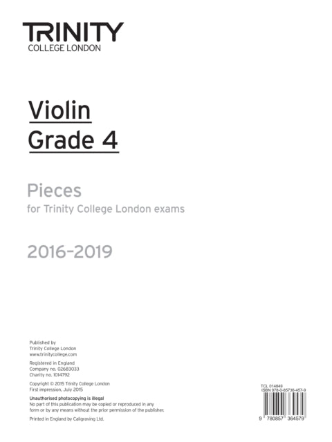Book cover of: Violin Exam Pieces Grade 4 2016-2019. By: TRINITY COLLEGE LONDON