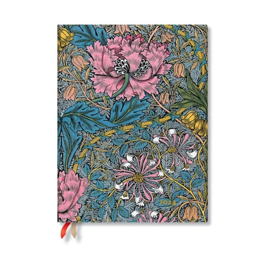 Book cover of: Morris Pink Honeysuckle (William Morris) Ultra Vertical 12-month Dayplanner 2024 (Elastic Band Closure). By: Paperblanks