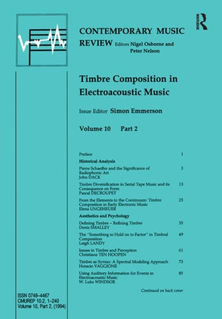 Book cover of: Timbre Composition in Electroacoustic Music. By: Simon Emmerson