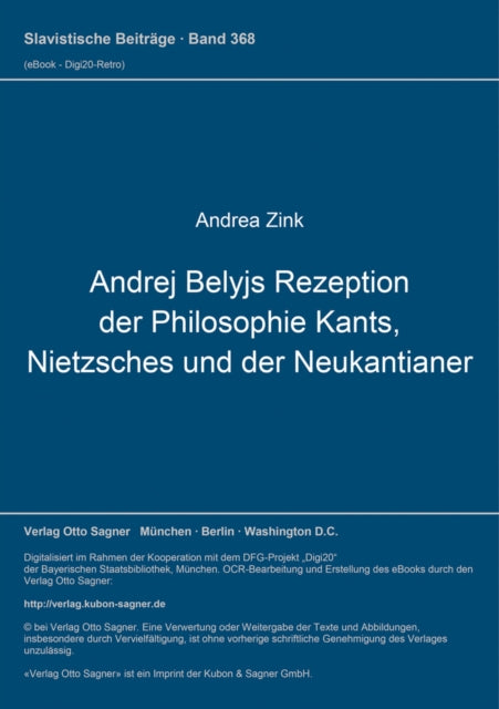 Book cover of: Andrej Belyjs Rezeption der Philosophie Kants, Nietzsches und der Neukantianer