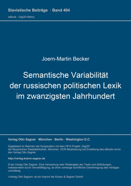 Book cover of: Semantische Variabilitaet der russischen politischen Lexik im zwanzigsten Jahrhundert. By: Joern-Martin Becker