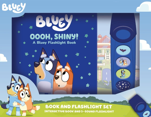 Book cover of: Bluey: Oooh, Shiny! Book and 5-Sound Flashlight Set
